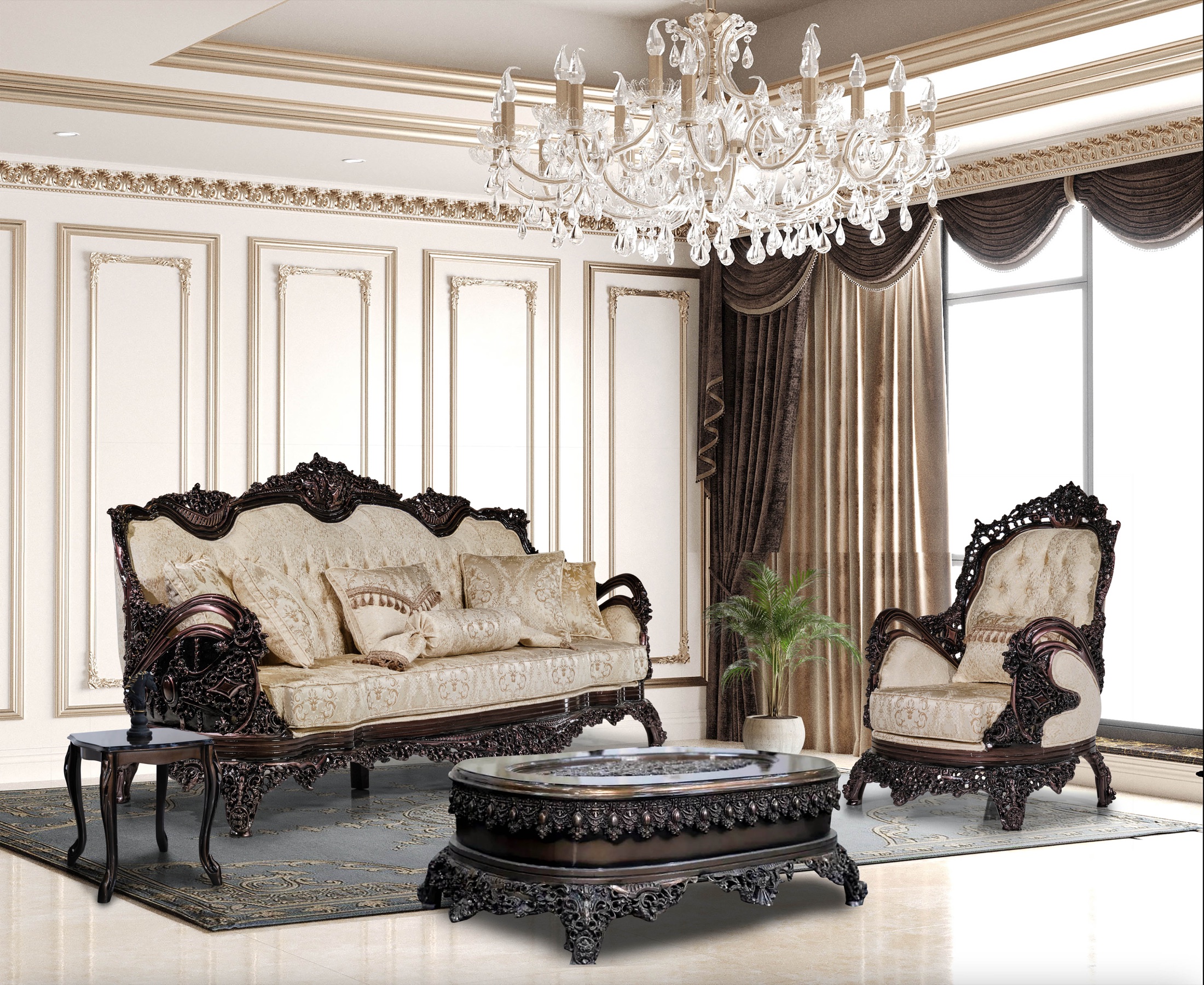 Classical gold-inlay dining furniture under a chandelier in a dark luxury showroom